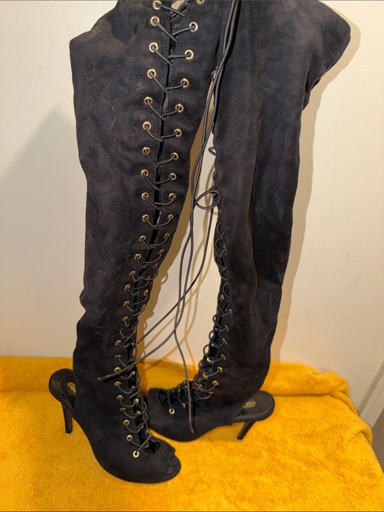 Breckelles Shoes - Breckelles Black Lace-Up Over-the-Knee Peep-Toe Heeled Boots